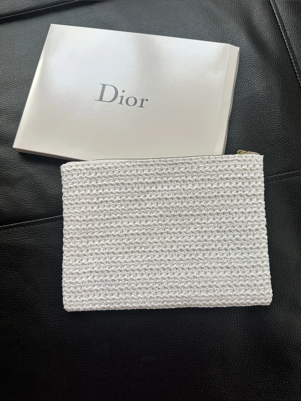 Dior White Crochet Summer Pouch with Gold Embroidered Logo